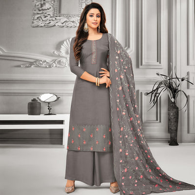 Flirty Grey Colored Party Wear Embroidered Cotton Silk Palazzo Suit