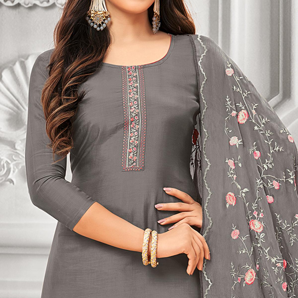 Flirty Grey Colored Party Wear Embroidered Cotton Silk Palazzo Suit