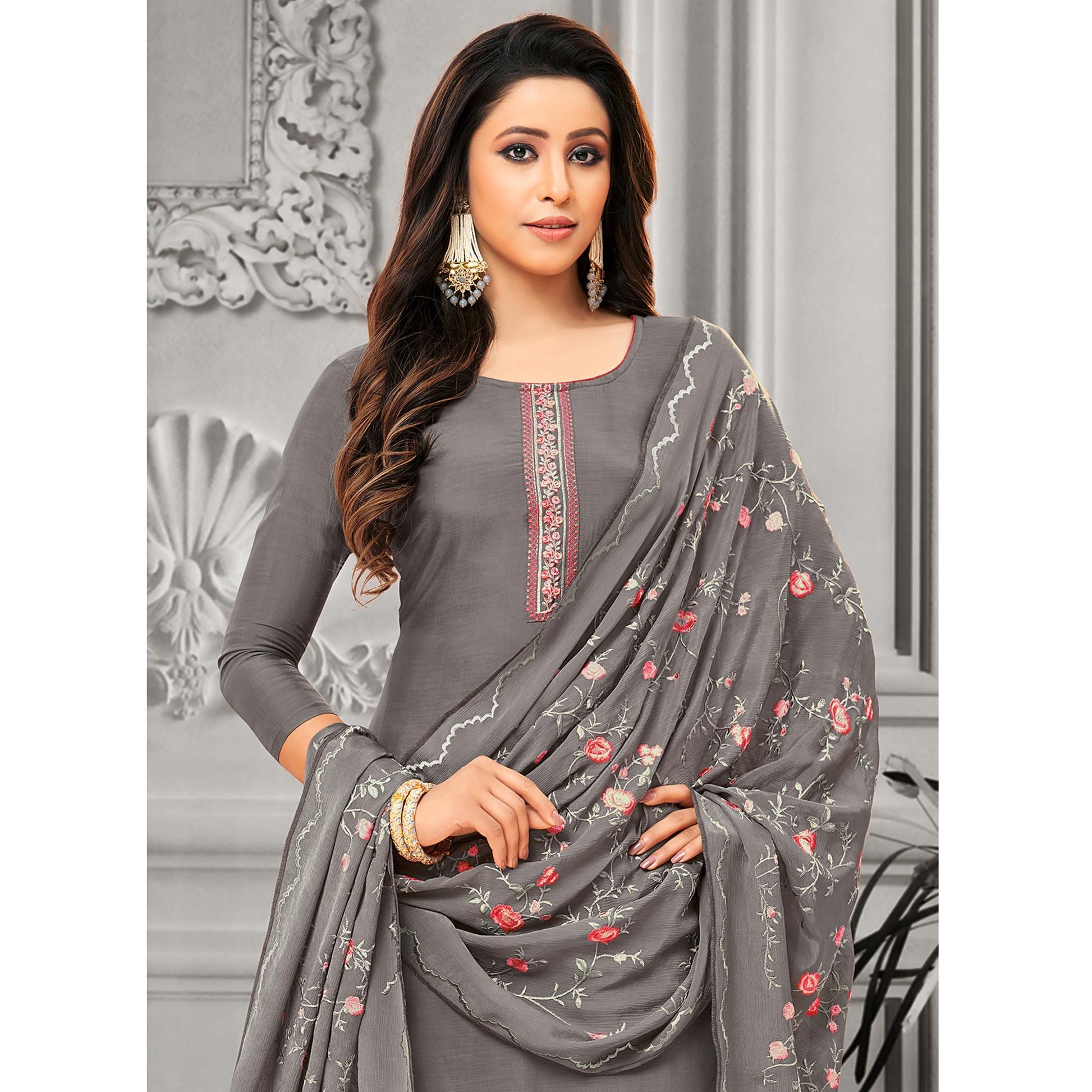 Flirty Grey Colored Party Wear Embroidered Cotton Silk Palazzo Suit