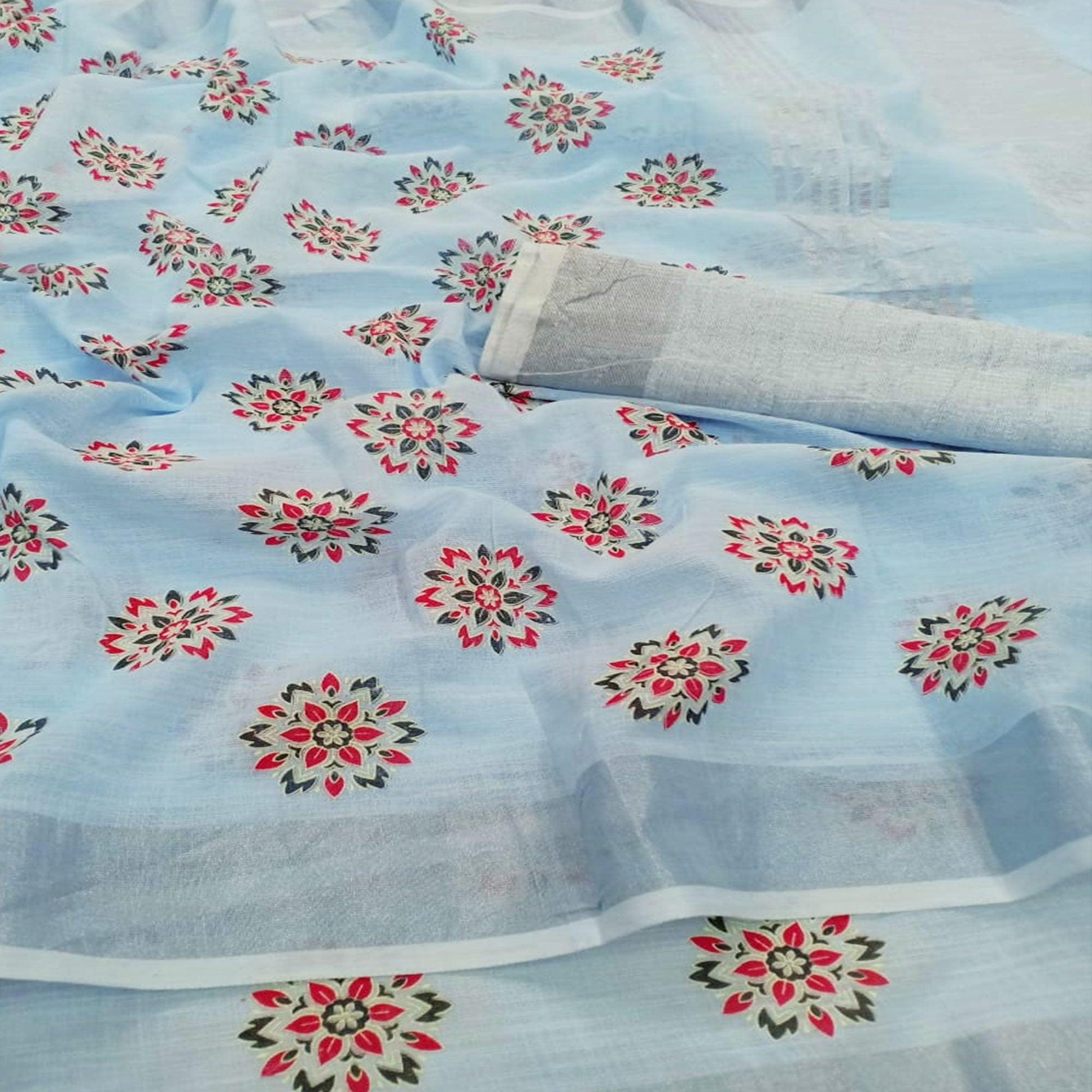 Flirty Light Blue Colored Partywear Block Printed Pure Linen Saree
