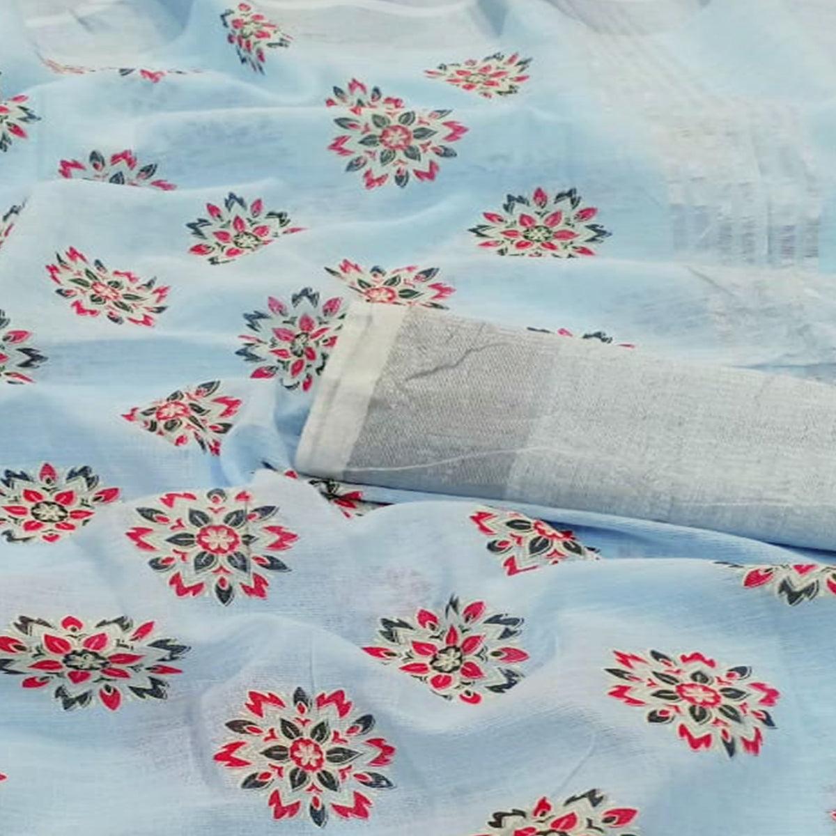 Flirty Light Blue Colored Partywear Block Printed Pure Linen Saree