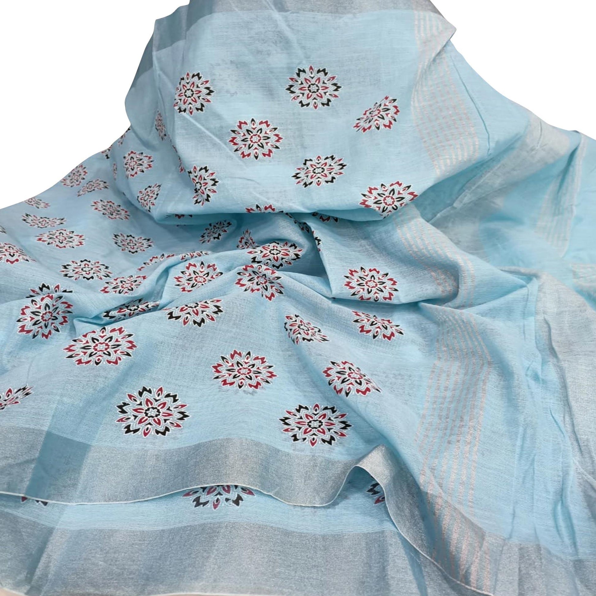 Flirty Light Blue Colored Partywear Block Printed Pure Linen Saree