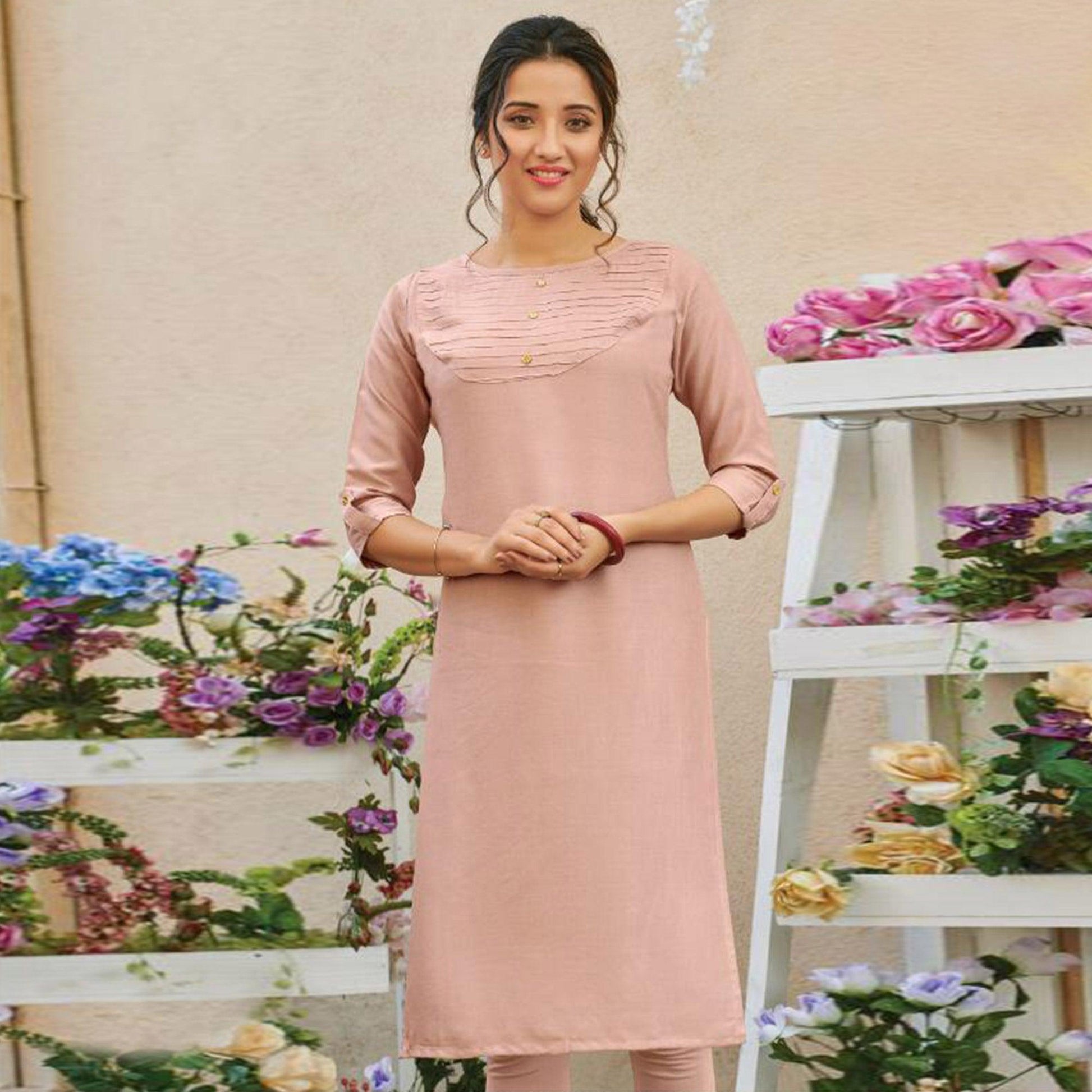 Flirty Light Pink Colored Casual Wear Solid Pure Rayon Kurti