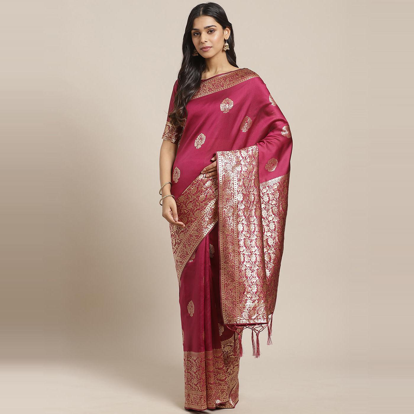 Flirty Magenta Colored Festive Wear Woven Silk Blend Saree