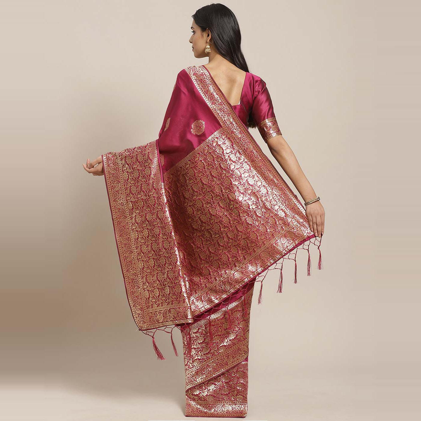 Flirty Magenta Colored Festive Wear Woven Silk Blend Saree