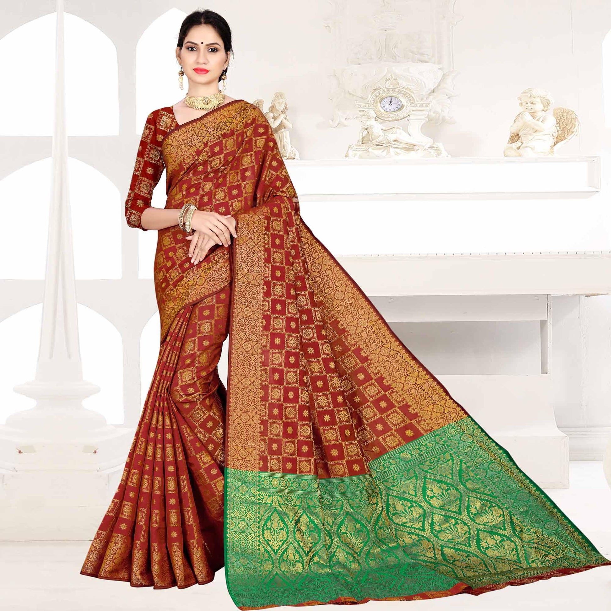 Flirty Maroon Colored Festive Wear Woven Silk Saree