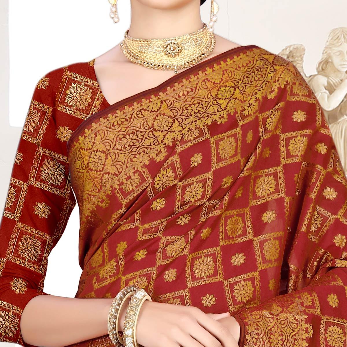 Flirty Maroon Colored Festive Wear Woven Silk Saree