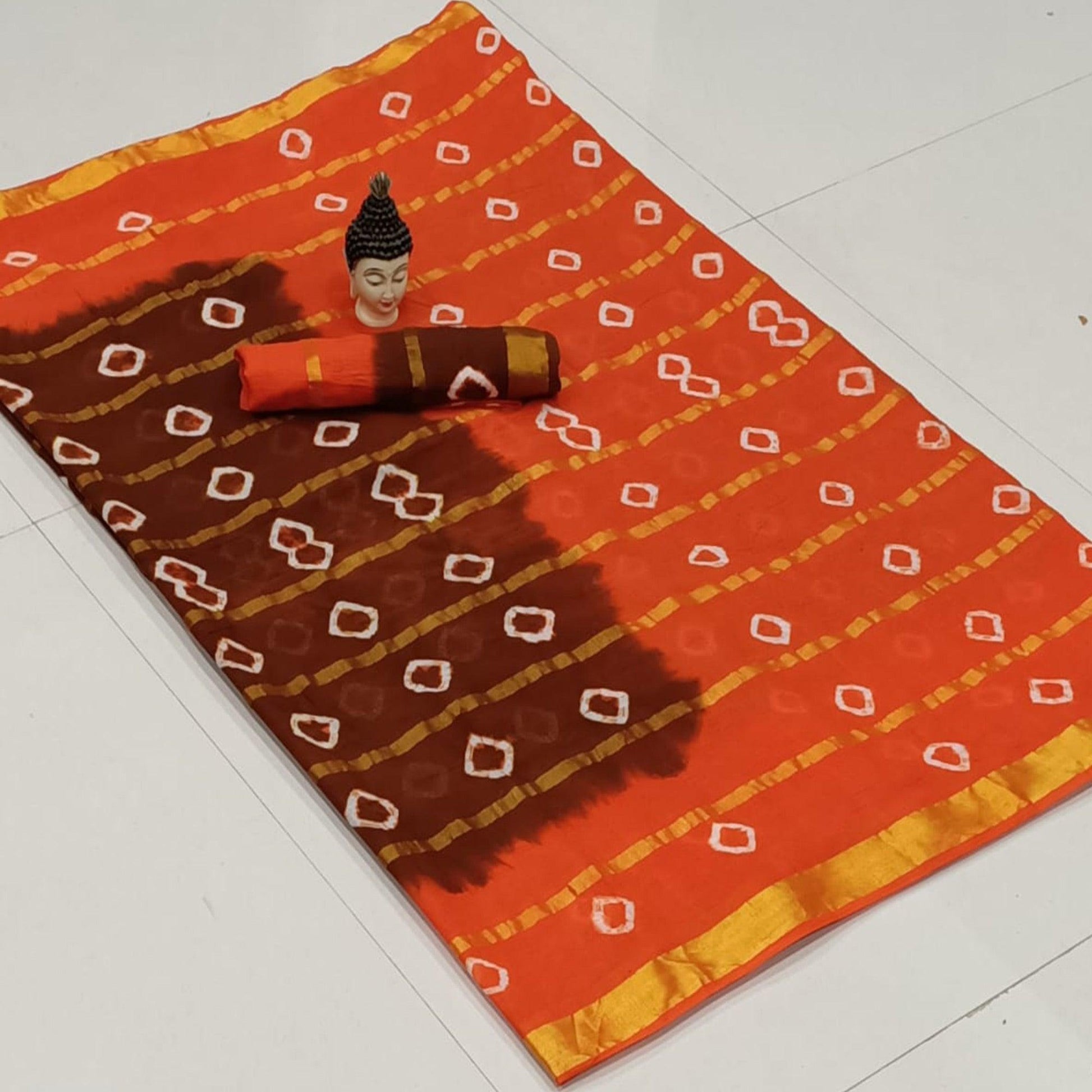 Flirty Maroon-Orange Colored Casual Wear Bandhani Print Cotton Saree