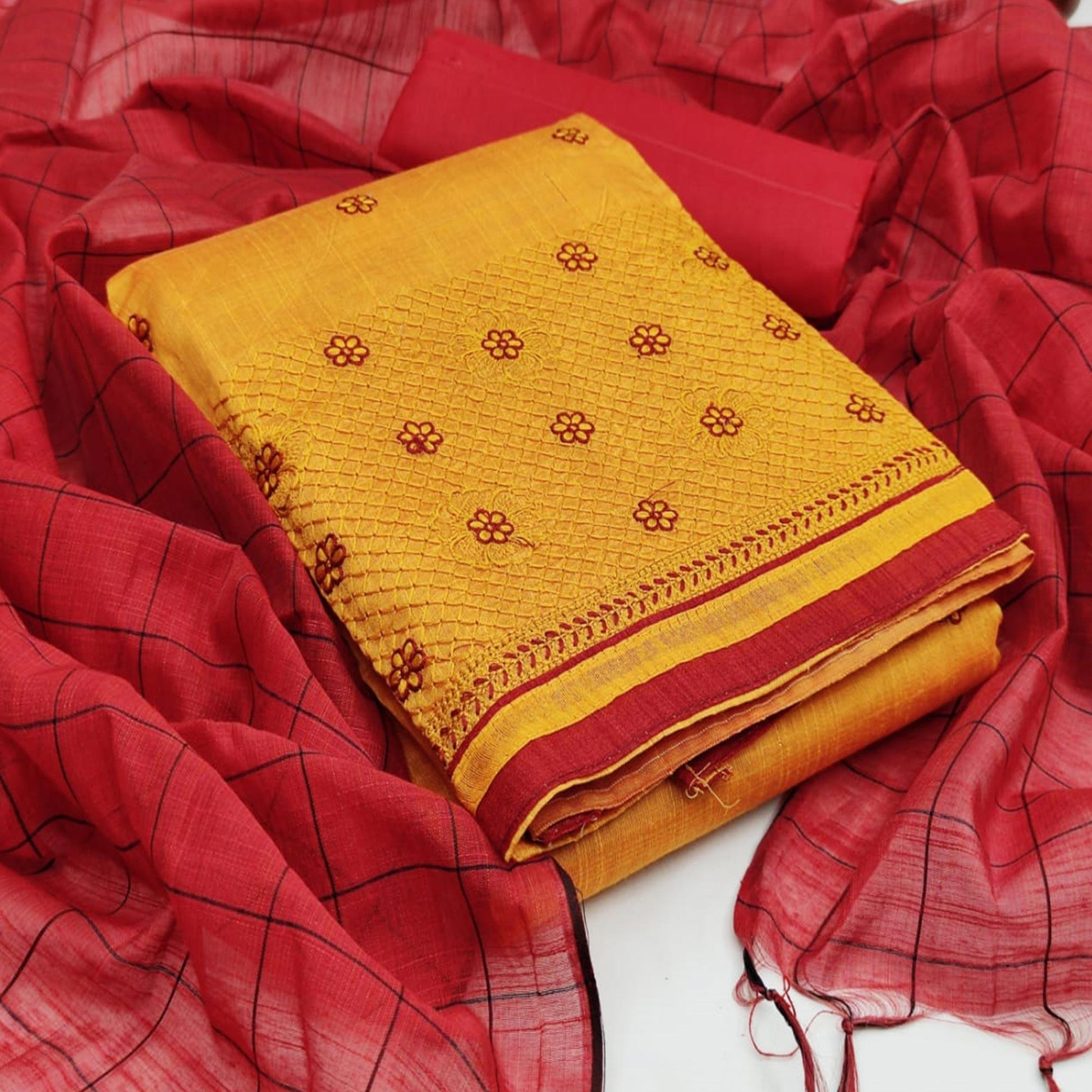 Flirty Mustard Colored Casual Wear Embroidered Banarasi Cotton Dress Material