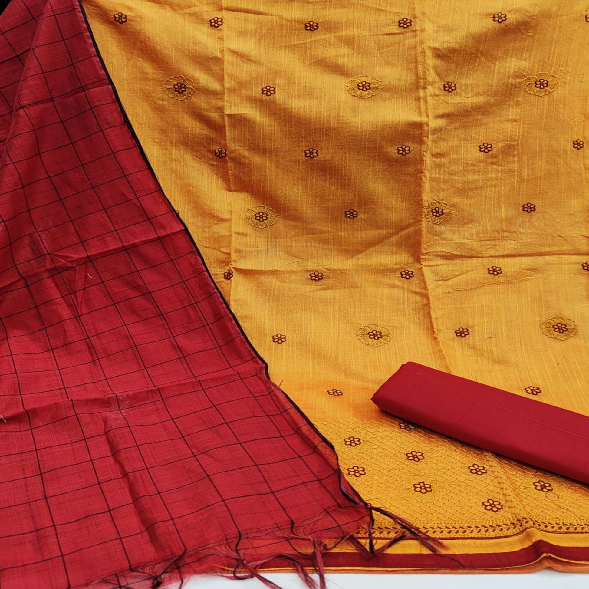 Flirty Mustard Colored Casual Wear Embroidered Banarasi Cotton Dress Material