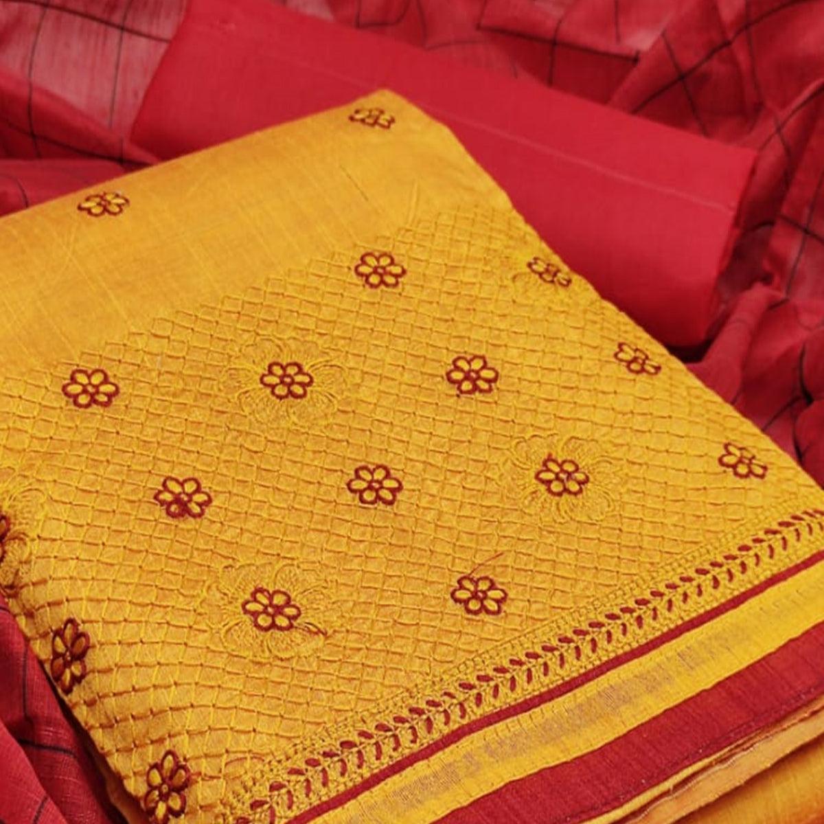 Flirty Mustard Colored Casual Wear Embroidered Banarasi Cotton Dress Material