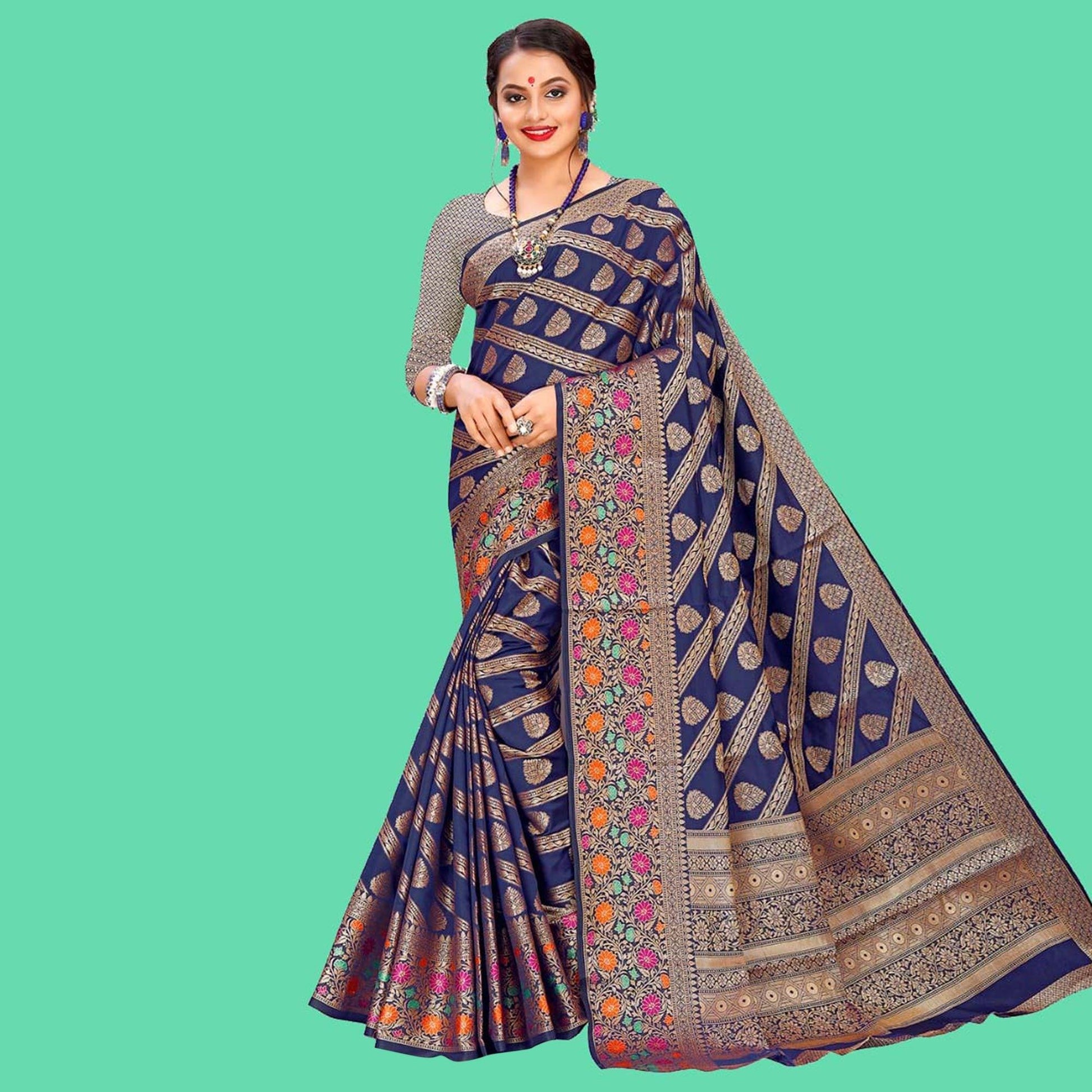 Flirty Navy Blue Colored Festive Wear Woven Banarasi Silk Saree