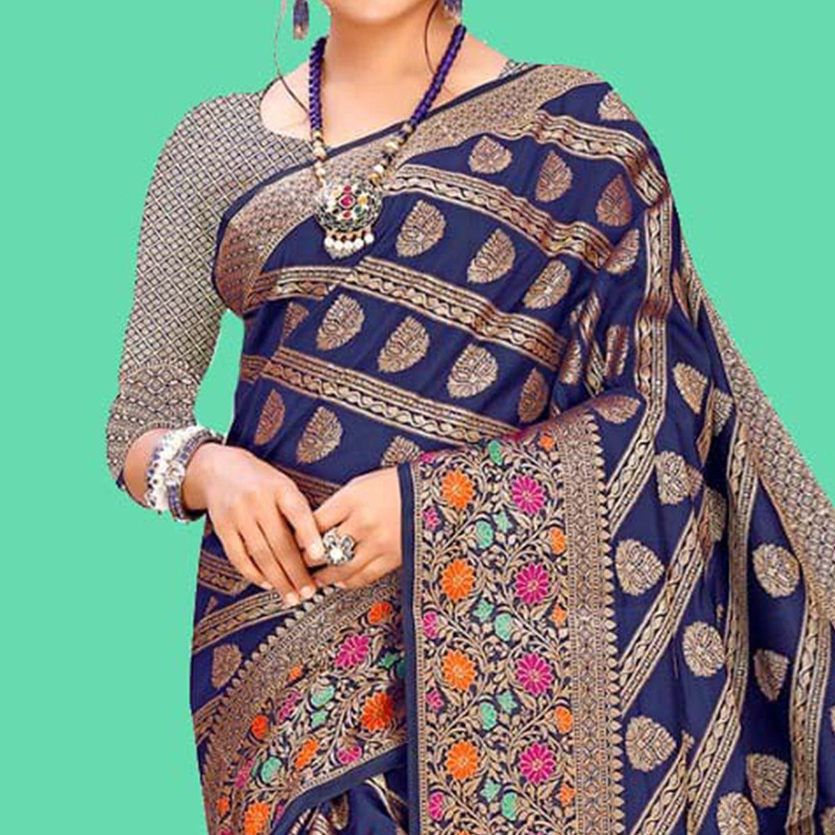 Flirty Navy Blue Colored Festive Wear Woven Banarasi Silk Saree