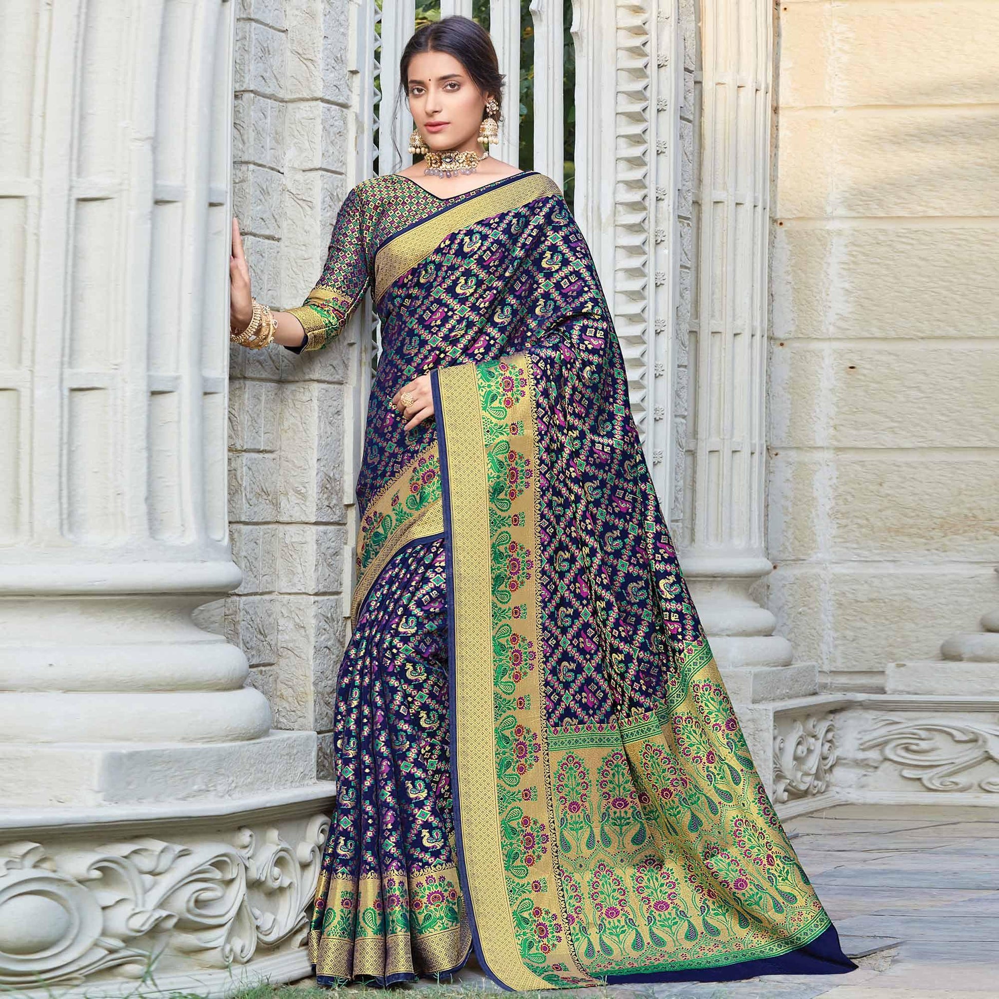 Flirty Navy Blue Colored Festive Wear Woven Patola Silk Saree