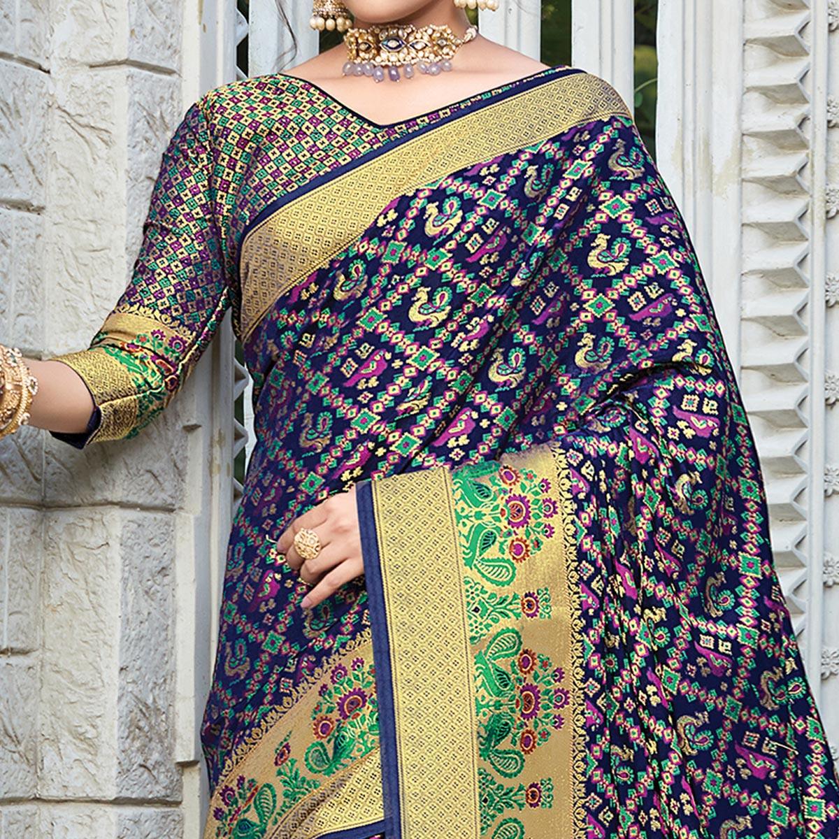 Flirty Navy Blue Colored Festive Wear Woven Patola Silk Saree