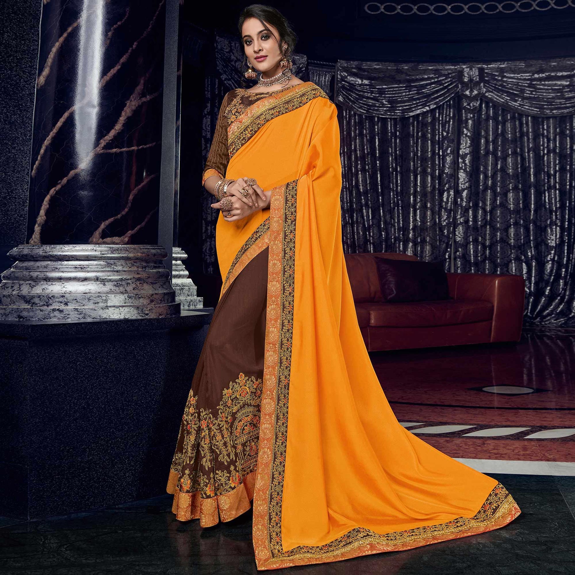 Flirty Orange And Brown Colored Embroidered Party Wear Art Silk Saree