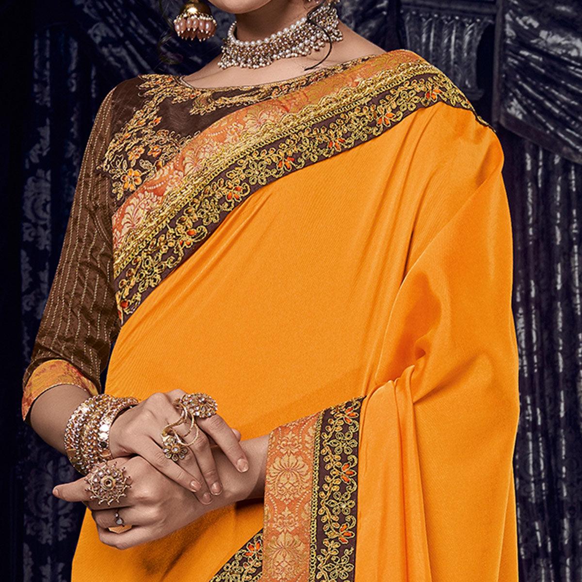 Flirty Orange And Brown Colored Embroidered Party Wear Art Silk Saree