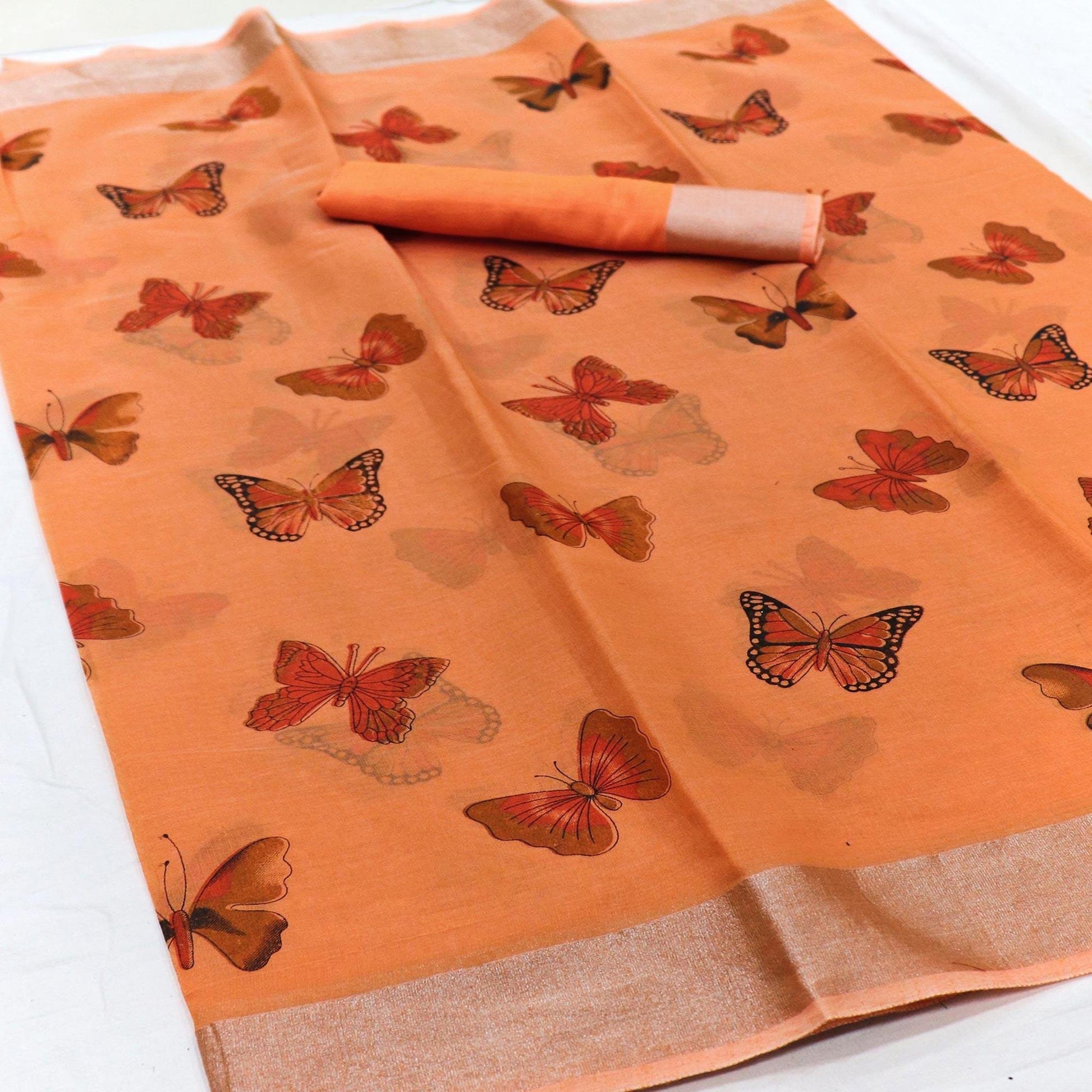 Flirty Orange Colored Casual Wear Butterfly Block Printed Cotton Linen Saree