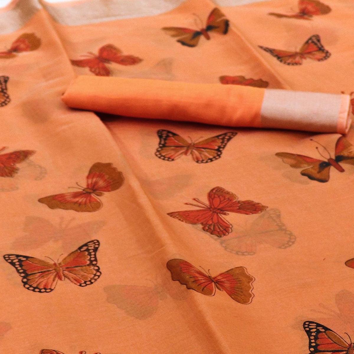 Flirty Orange Colored Casual Wear Butterfly Block Printed Cotton Linen Saree