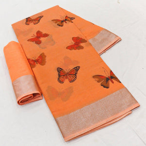 Flirty Orange Colored Casual Wear Butterfly Block Printed Cotton Linen Saree