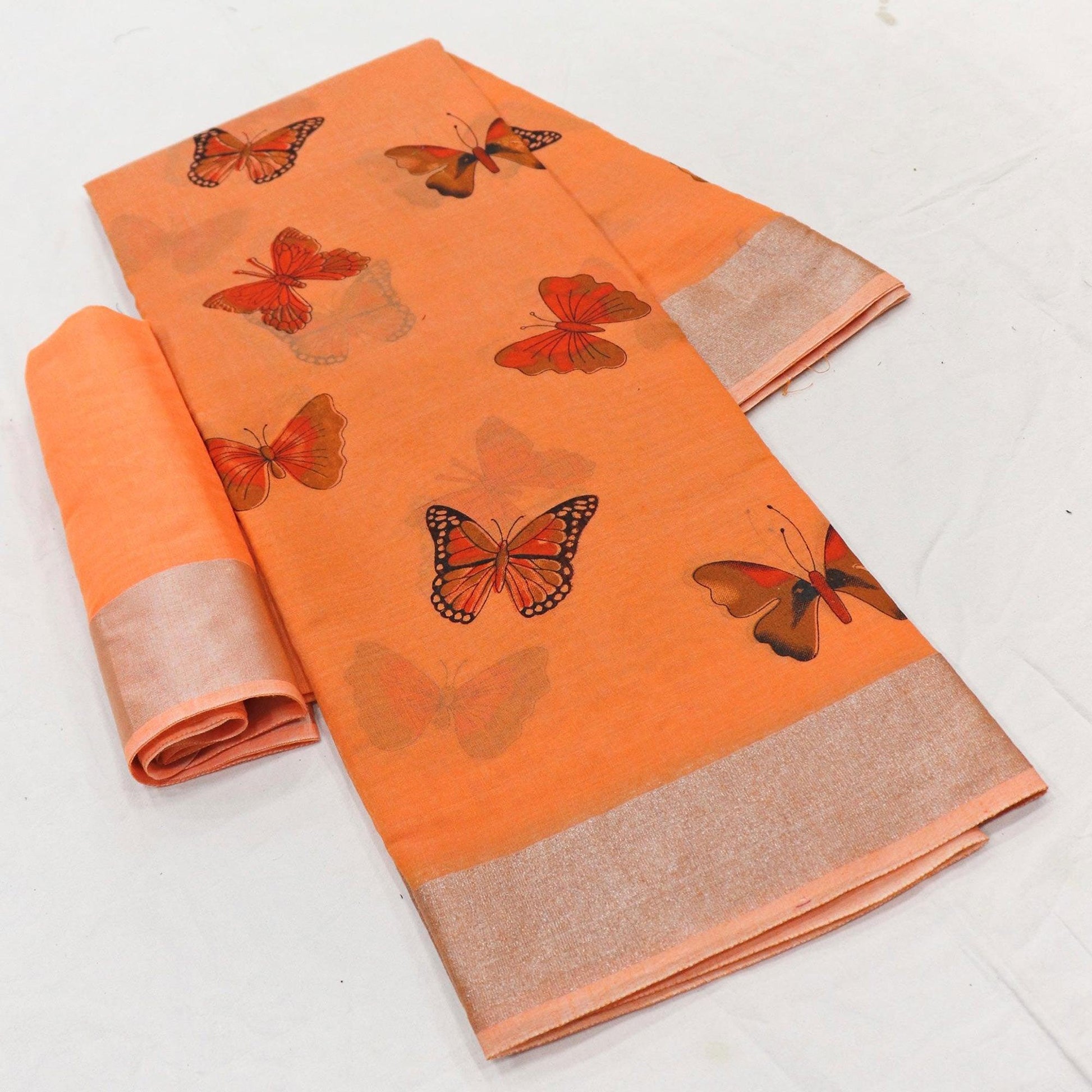 Flirty Orange Colored Casual Wear Butterfly Block Printed Cotton Linen Saree
