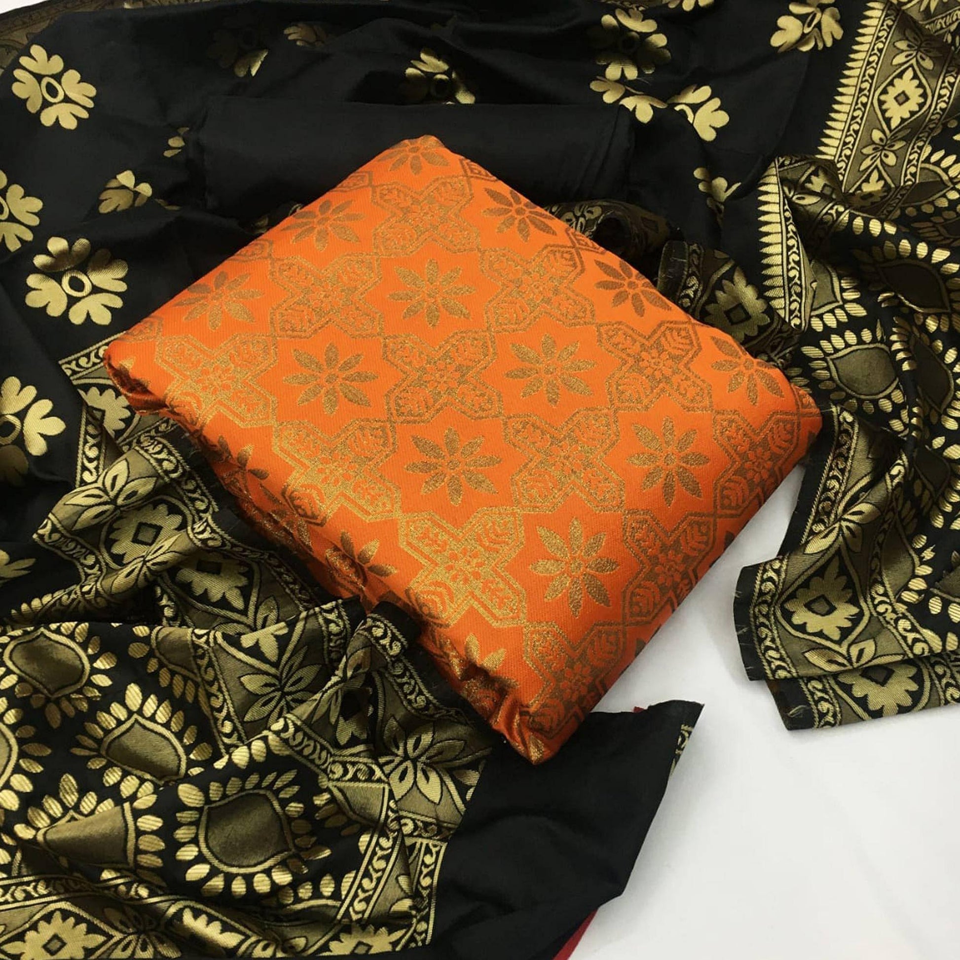 Flirty Orange Colored Casual Wear Woven Banarasi Silk Dress Material