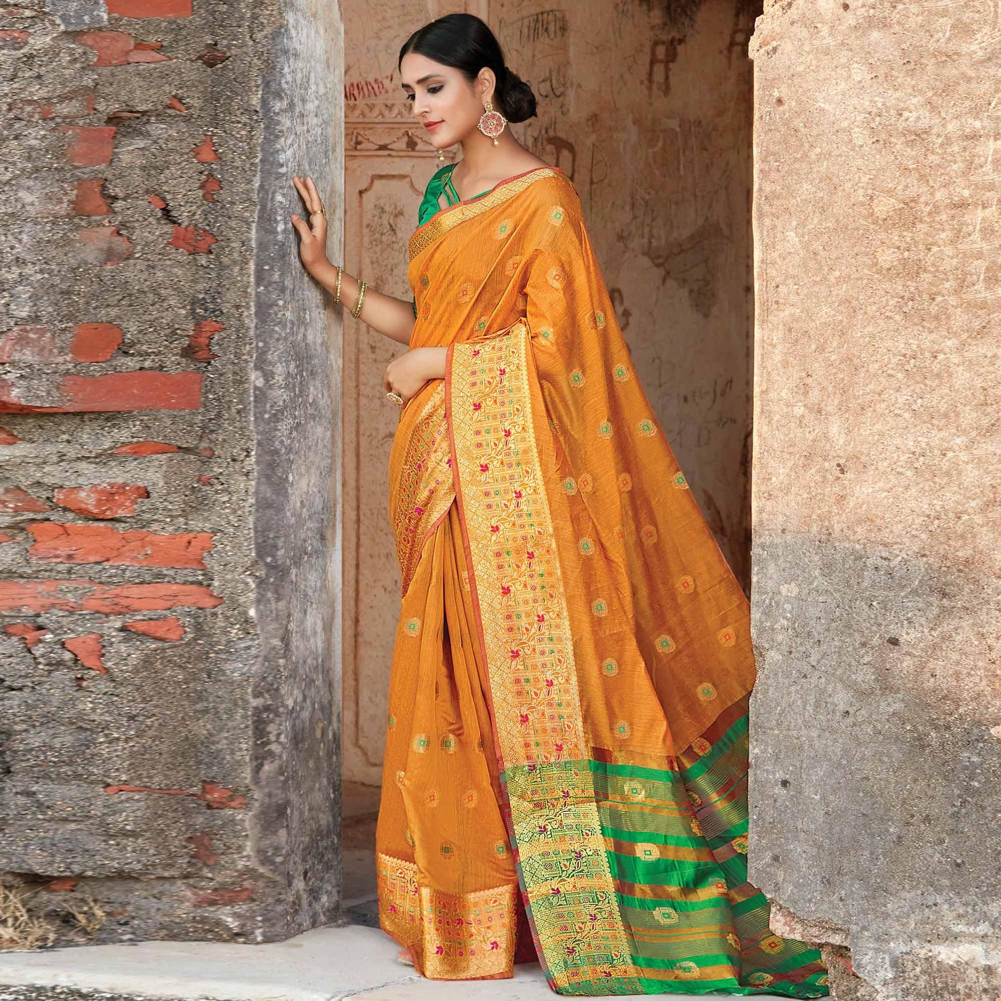 Flirty Orange Colored Festive Wear Woven Cotton Handloom Saree
