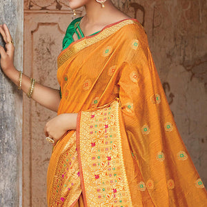 Flirty Orange Colored Festive Wear Woven Cotton Handloom Saree