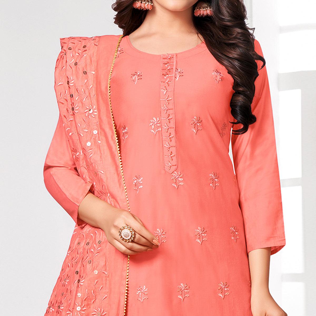 Flirty Peach Colored Partywear Embroidered Cotton Dress Material