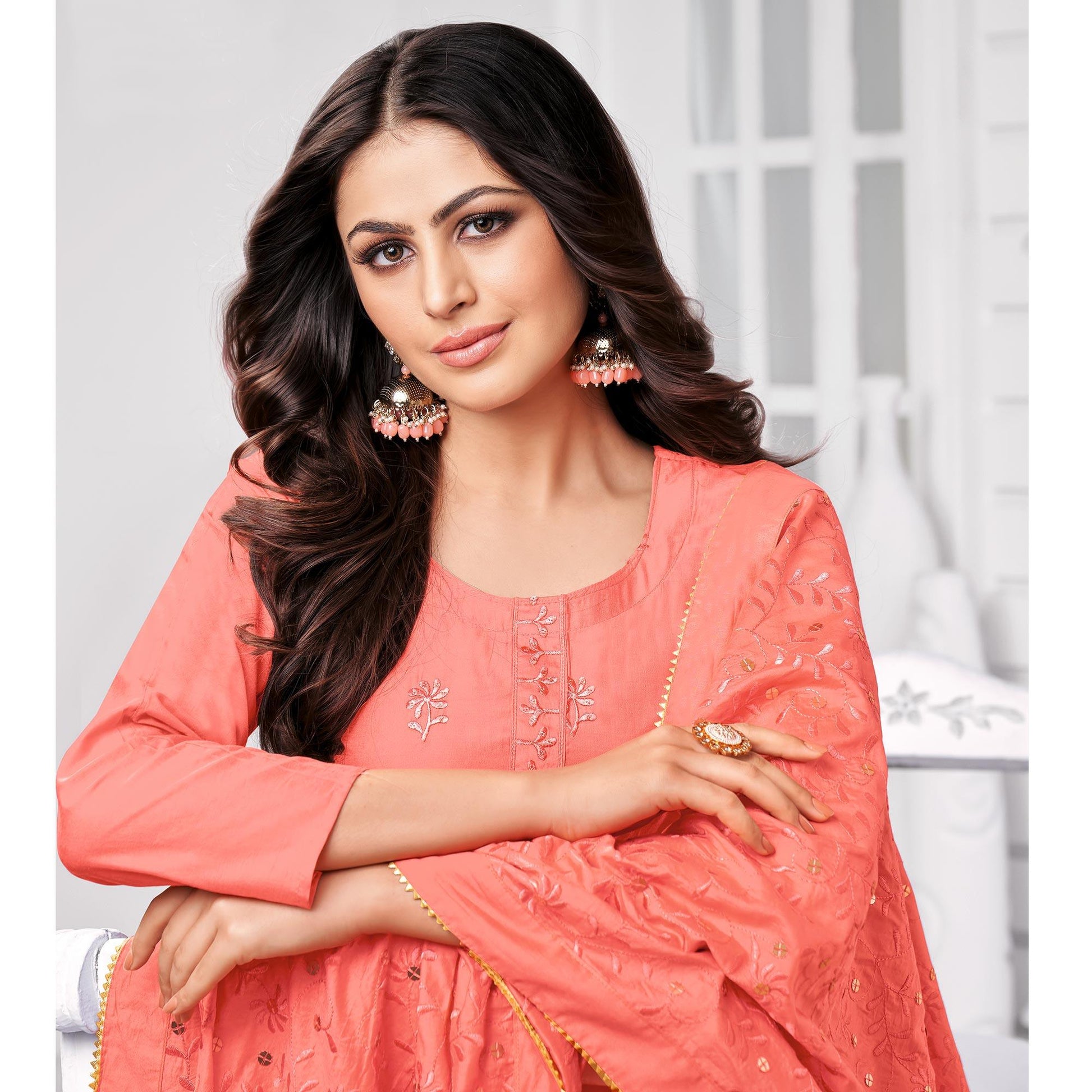 Flirty Peach Colored Partywear Embroidered Cotton Dress Material