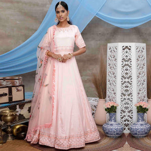 Flirty Peach Colored Partywear Embroidered Georgette Anarkali Suit