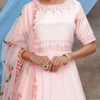 Flirty Peach Colored Partywear Embroidered Georgette Anarkali Suit