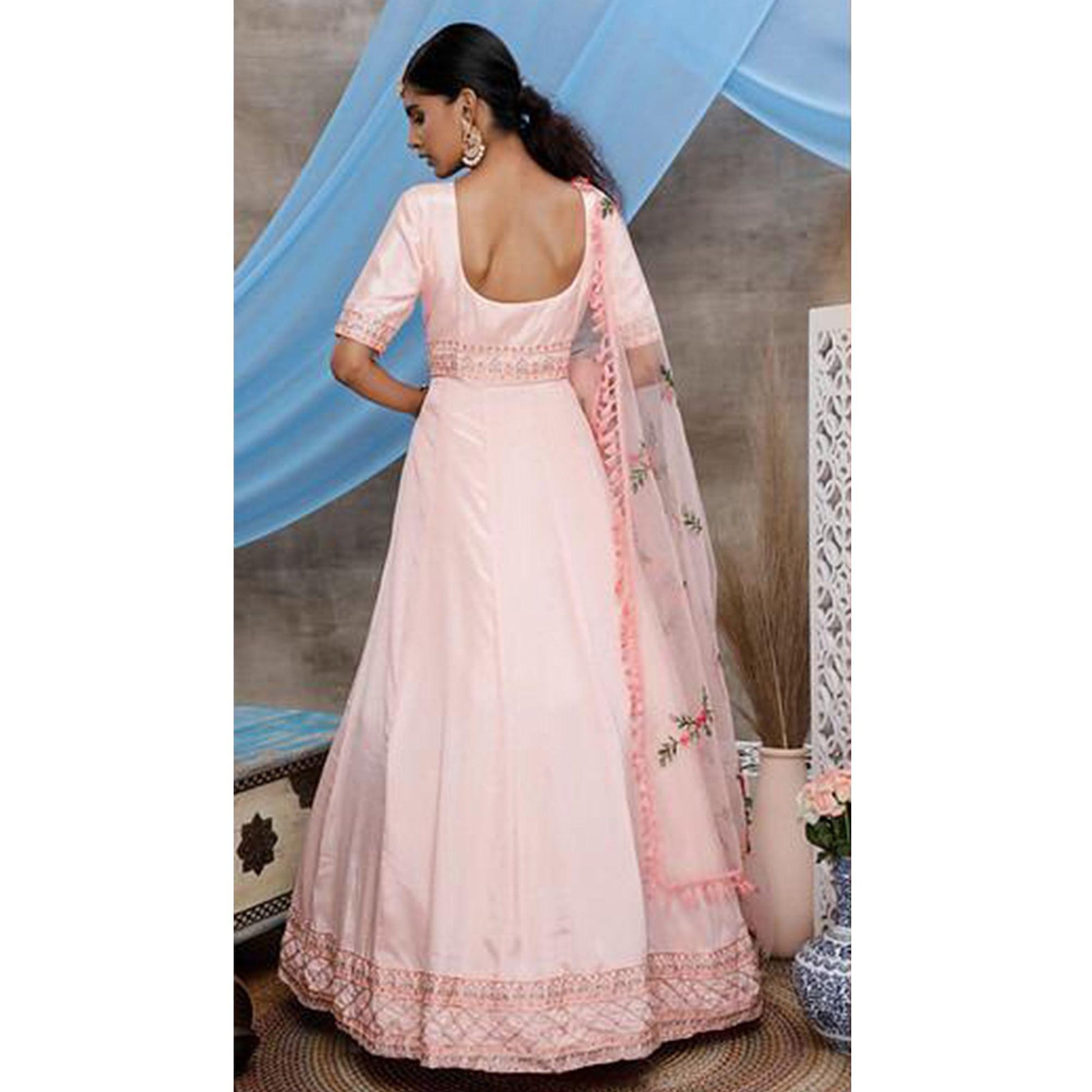 Flirty Peach Colored Partywear Embroidered Georgette Anarkali Suit