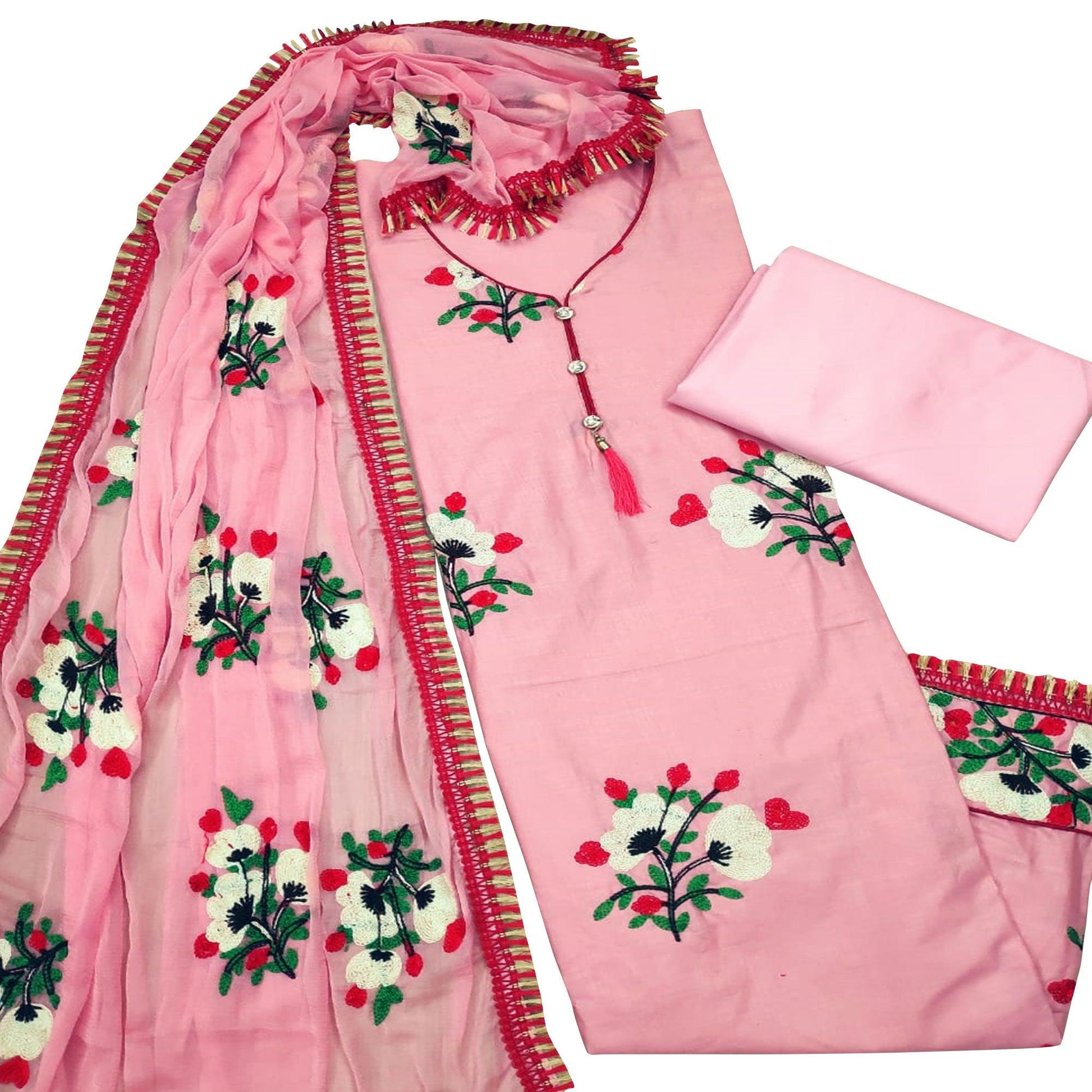 Flirty Pink Colored Casual Embroidered Cotton Dress Material