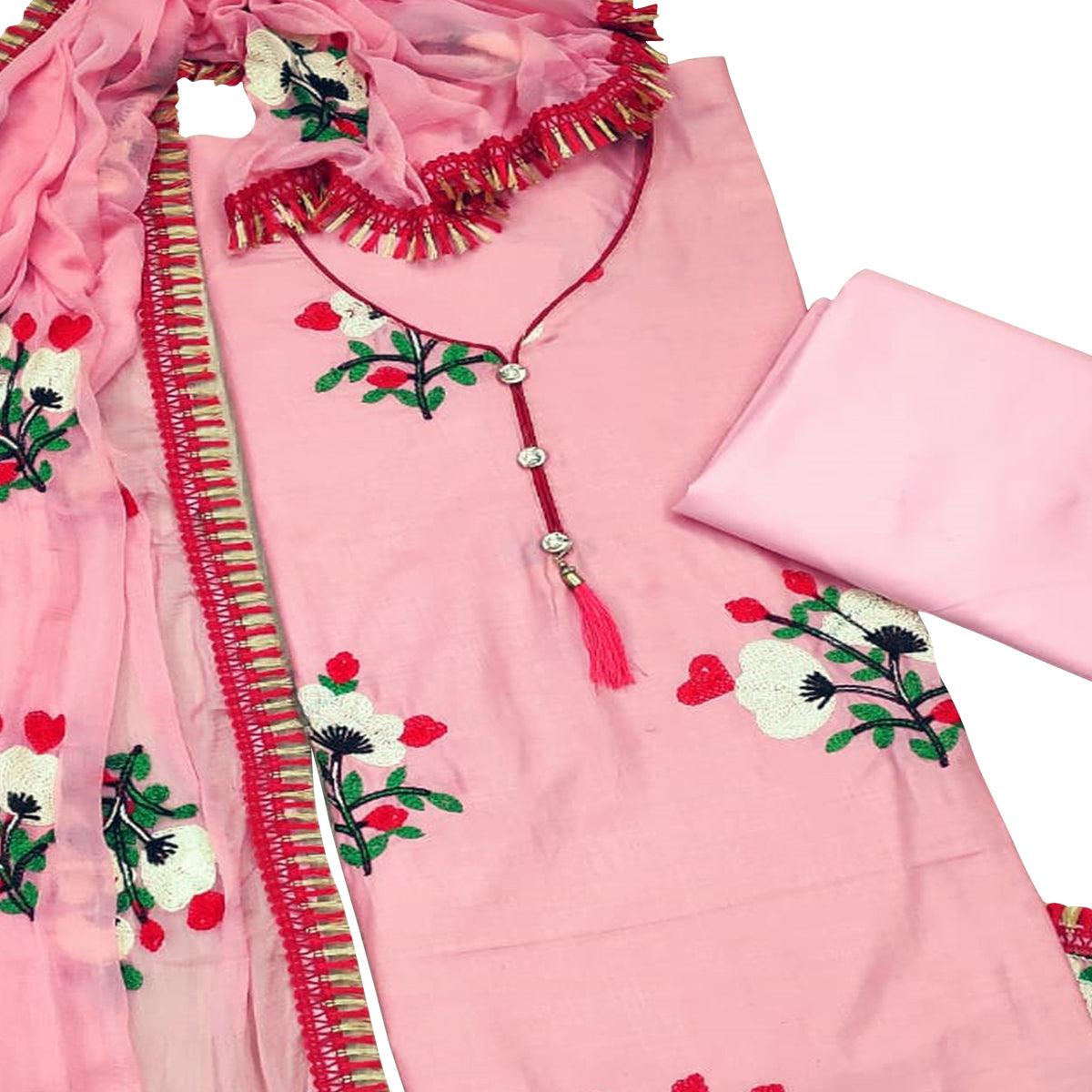Flirty Pink Colored Casual Embroidered Cotton Dress Material