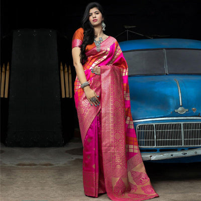 Flirty Pink Colored Festive Wear Woven Banarasi Silk Saree