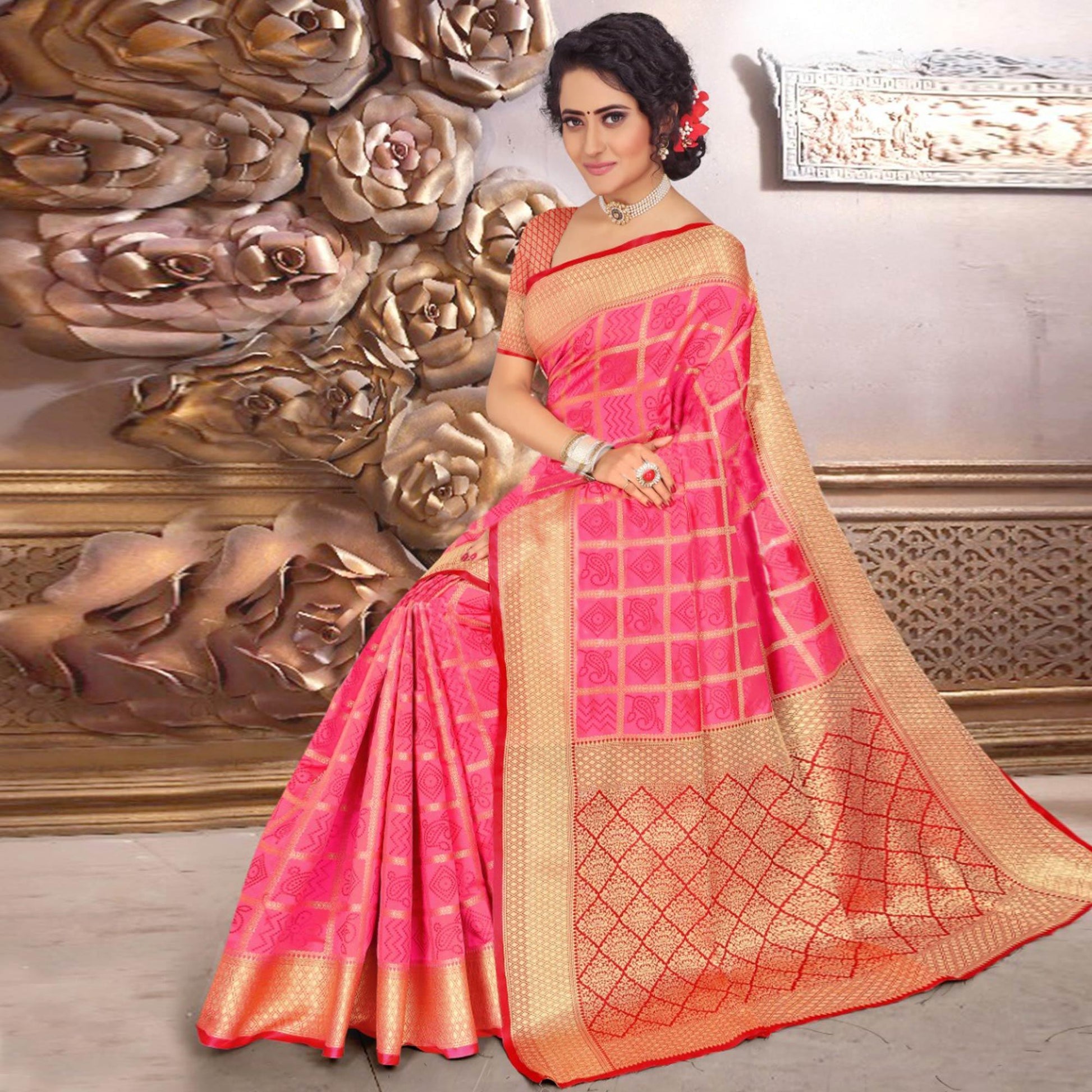 Flirty Pink Colored Festive Wear Woven Banarasi Silk Saree