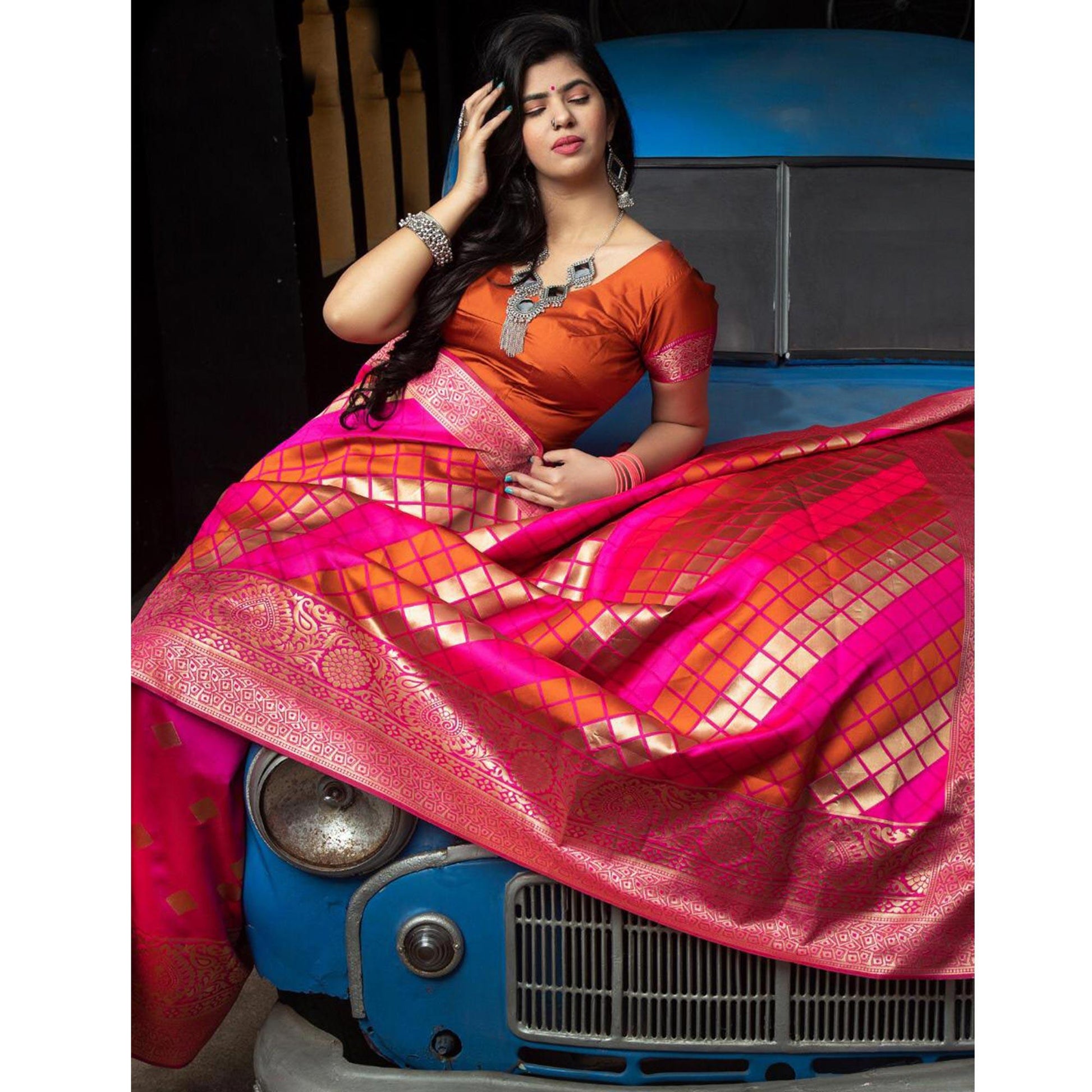 Flirty Pink Colored Festive Wear Woven Banarasi Silk Saree