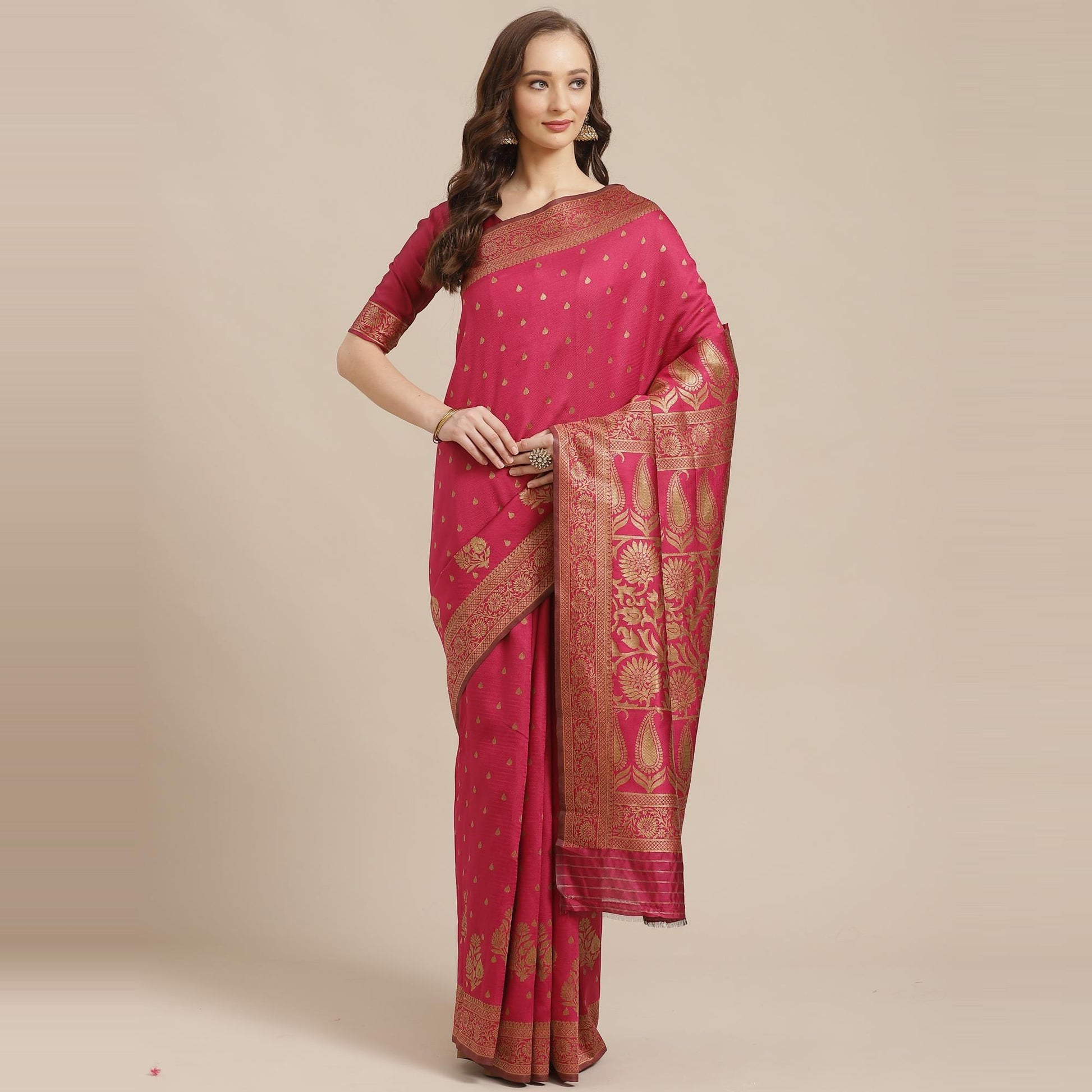 Flirty Pink Colored Festive Wear Woven Silk Blend Saree
