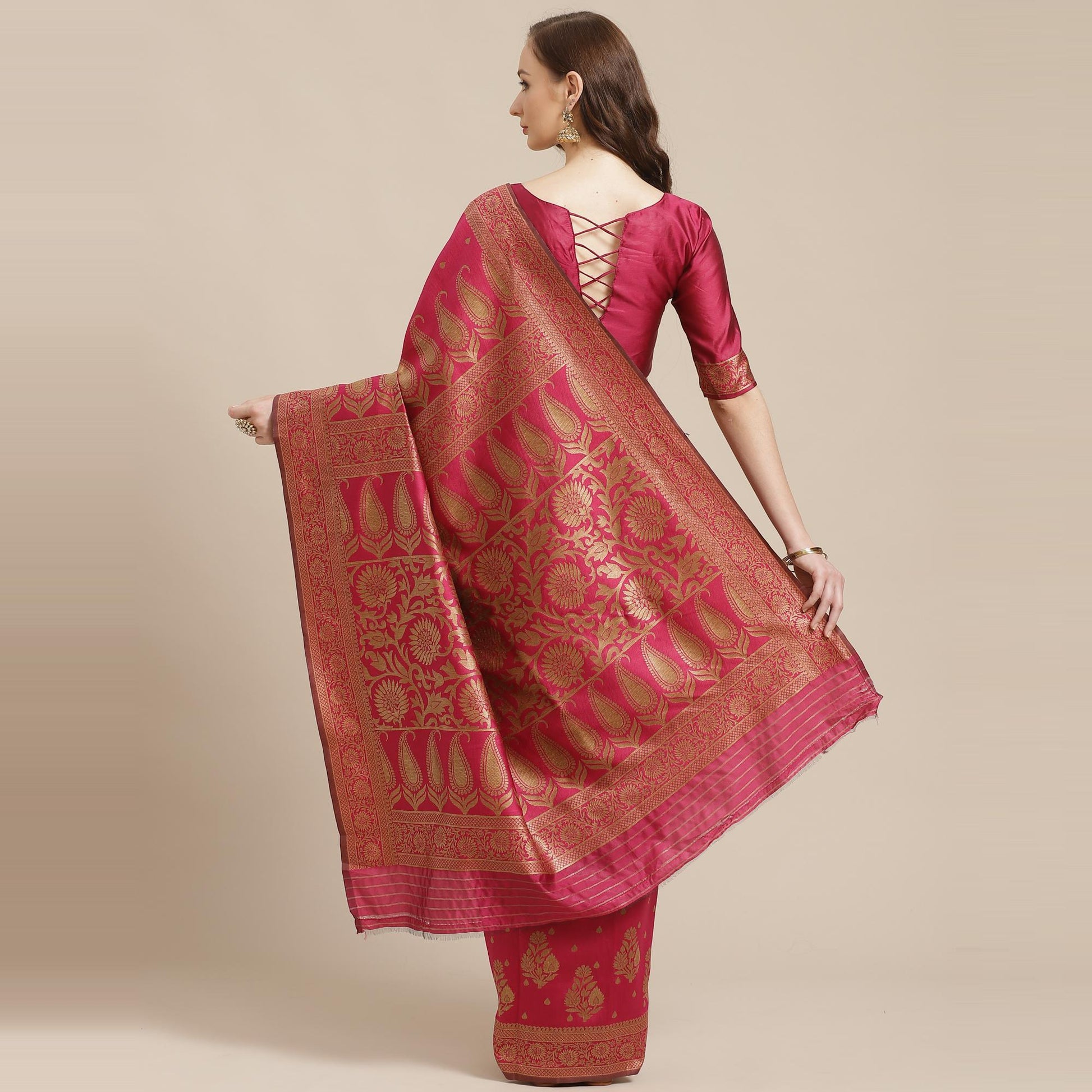 Flirty Pink Colored Festive Wear Woven Silk Blend Saree
