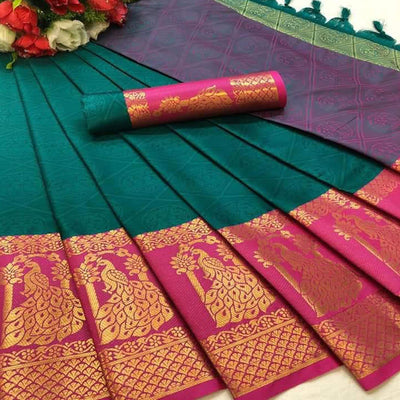 Flirty Rama Green Coloured Festive Wear Woven Cotton Silk Saree
