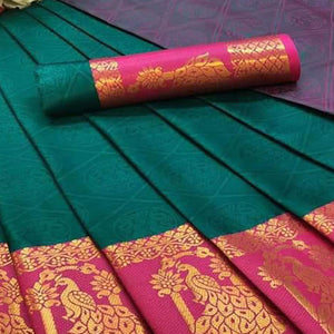 Flirty Rama Green Coloured Festive Wear Woven Cotton Silk Saree