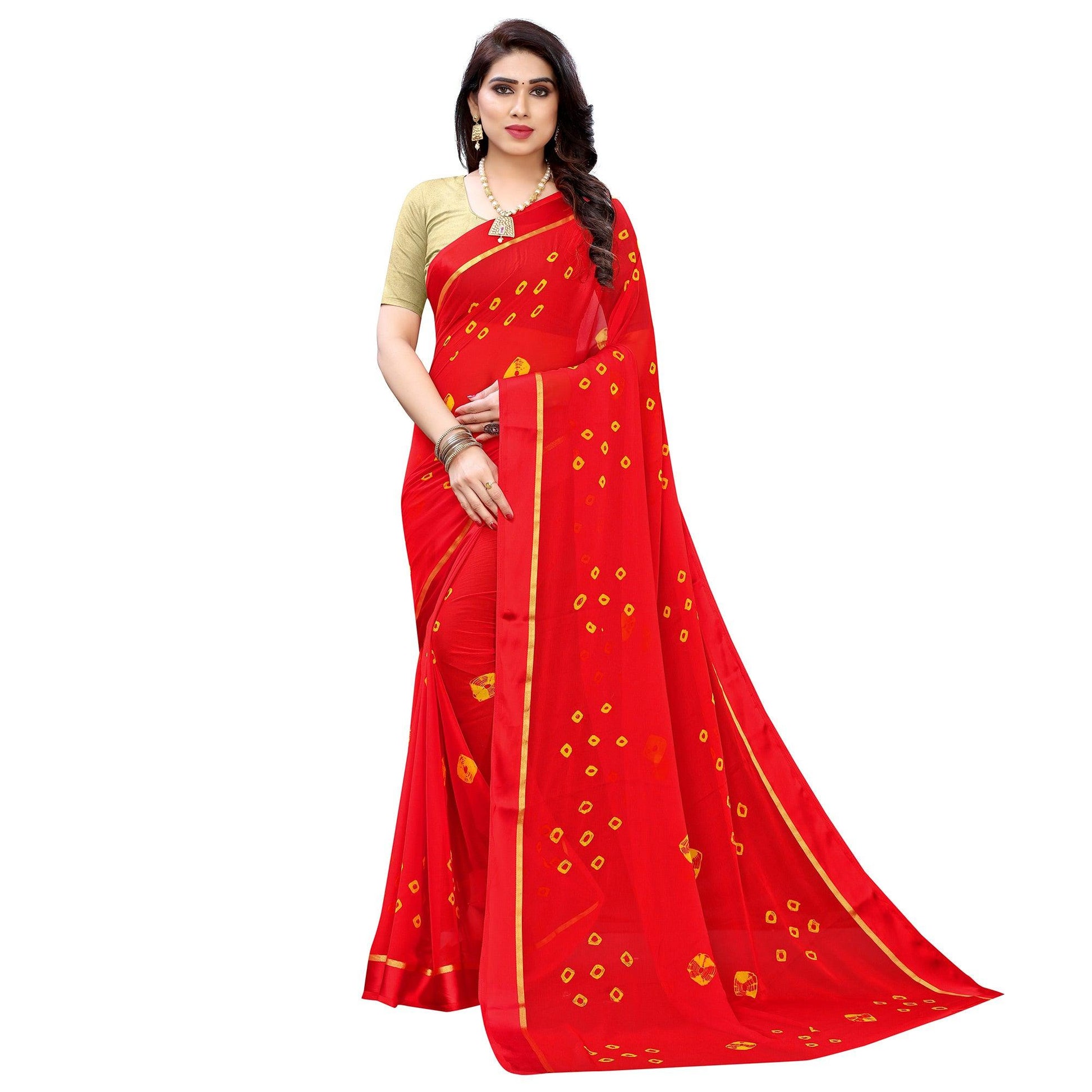 Flirty Red Colored Casual Wear Bandhani Printed Art Silk Saree