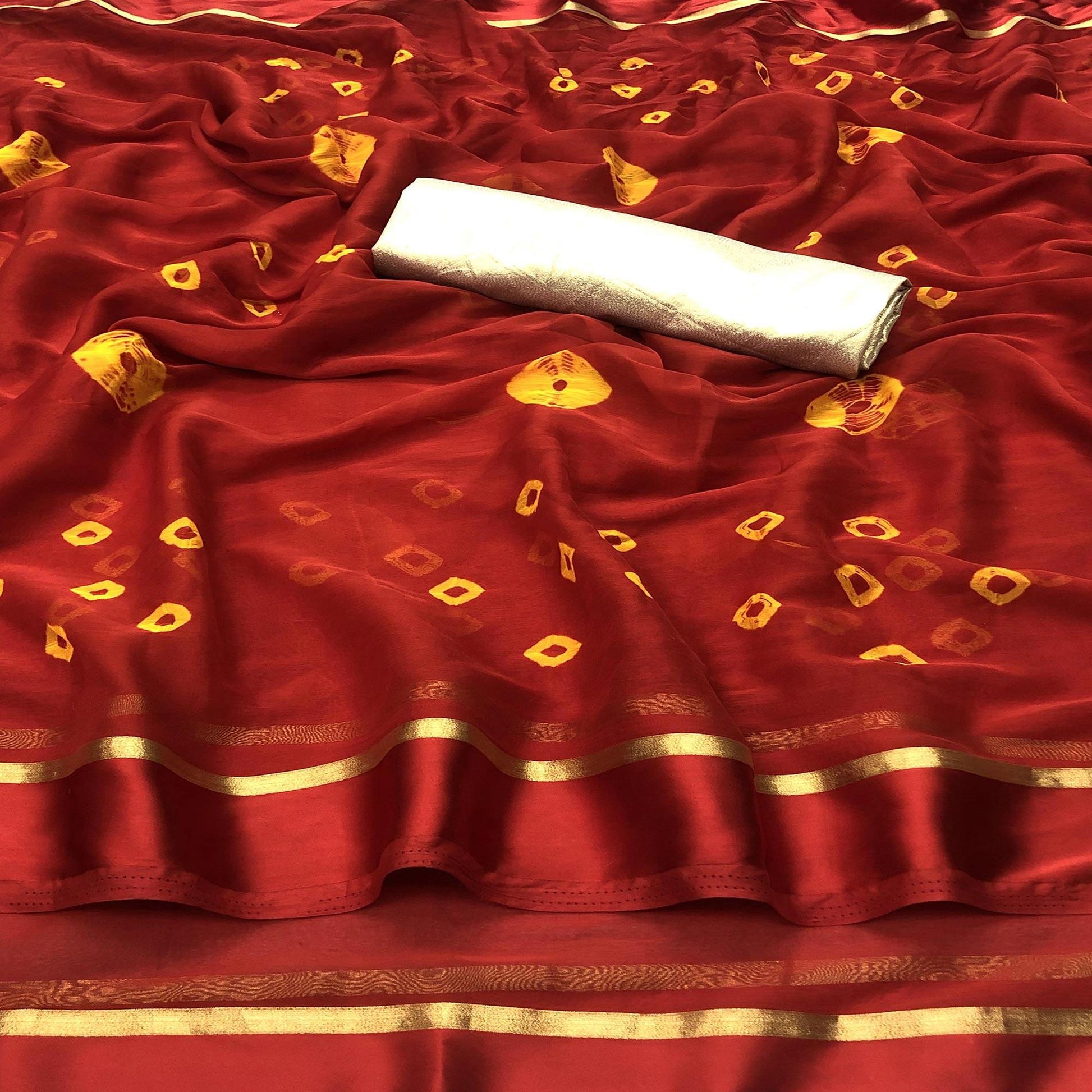 Flirty Red Colored Casual Wear Bandhani Printed Art Silk Saree