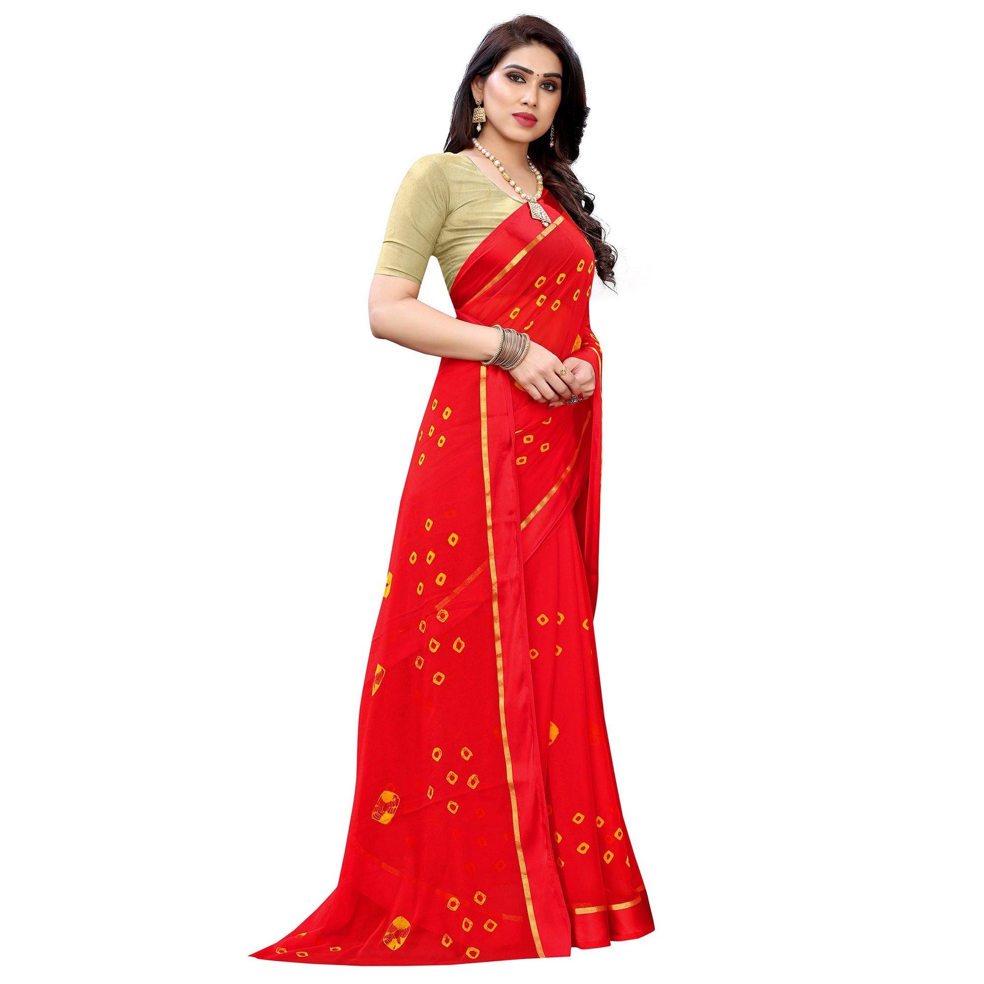 Flirty Red Colored Casual Wear Bandhani Printed Art Silk Saree