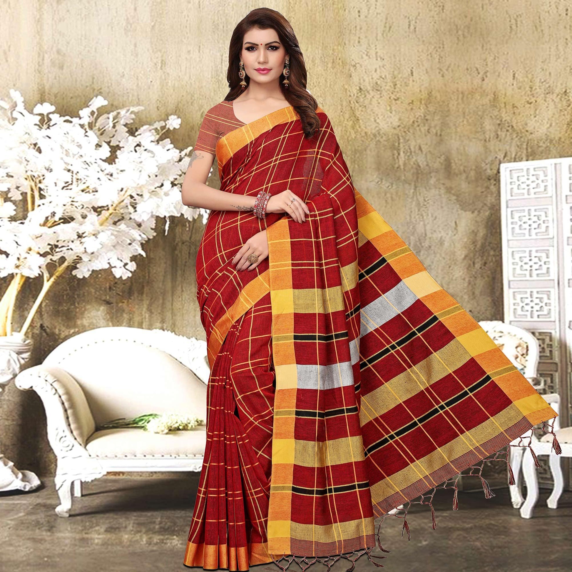 Flirty Red Colored Festive Wear Checks Print Pure Linen Saree