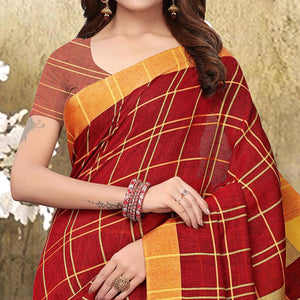 Flirty Red Colored Festive Wear Checks Print Pure Linen Saree