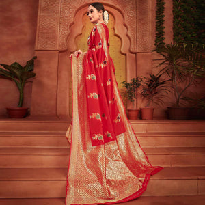 Flirty Red Colored Festive Wear Woven Designer Silk Saree