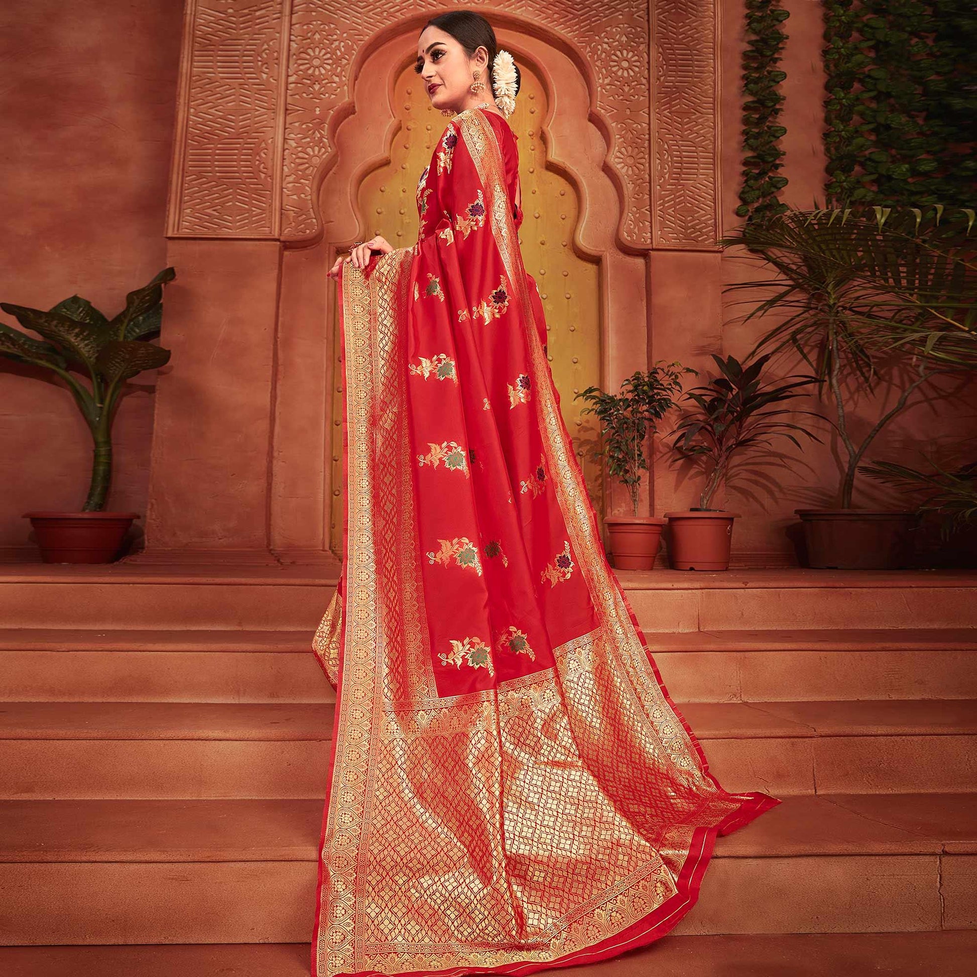 Flirty Red Colored Festive Wear Woven Designer Silk Saree