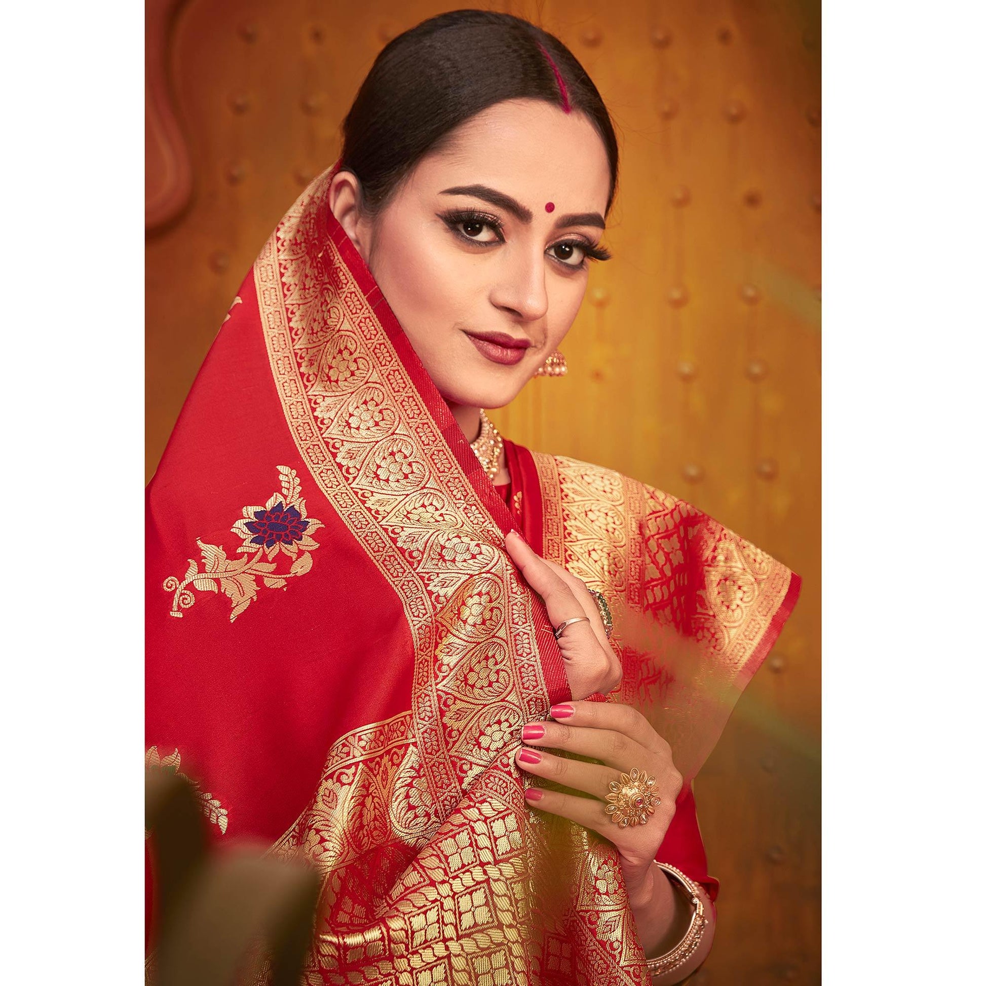 Flirty Red Colored Festive Wear Woven Designer Silk Saree